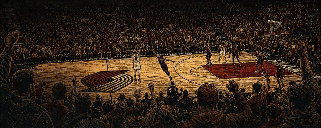 Illustrated basketball game with a shooter taking a long jump shot in front of a packed arena crowd