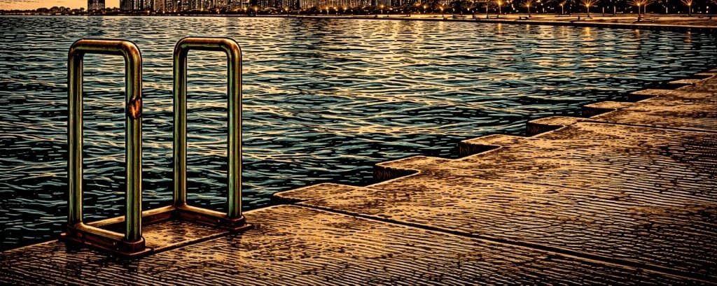 Metal ladder on a concrete pier at night, city skyline glowing across the water